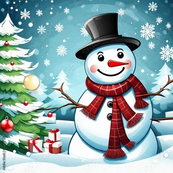 Obraz Snowman and christmas tree