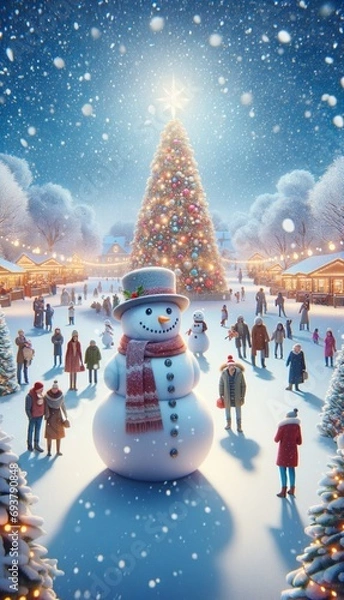 Obraz snowman with christmas tree and gifts