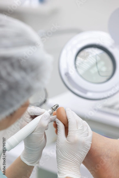 Fototapeta Grinding the thumb with a close-up milling cutter. A female podiatrist does a hardware pedicure.