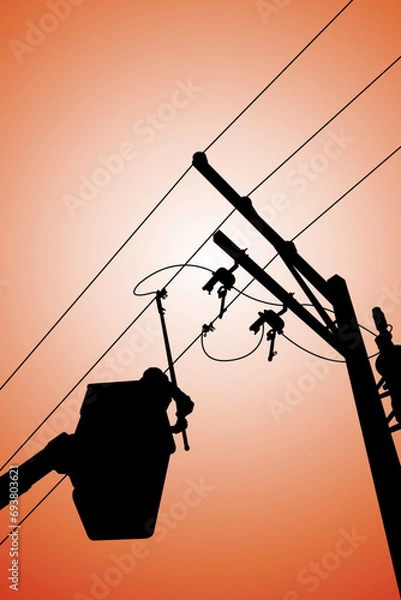 Fototapeta The silhouette power lineman disconnect the cable to replace the defective device that causes power outage. Before returning power to the power user.