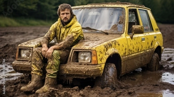 Obraz Man in yellow car covered in mud side view