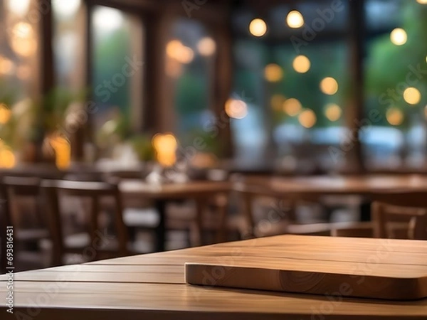 Fototapeta  photo wooden table and blurred background of outdoor restaurant with bokeh light 
 