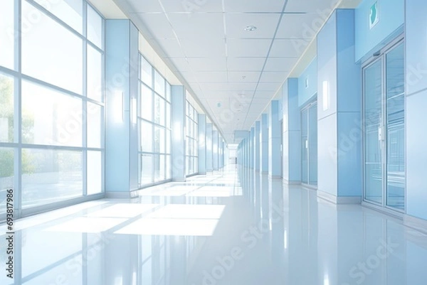 Fototapeta Modern empty interior. Bright and clean business hallway with urban design glass windows and blurred perspectives offering welcoming and open space for various purposes