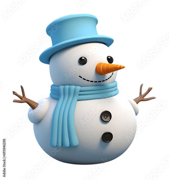 Fototapeta Cartoon 3D character of snowman on transparent background