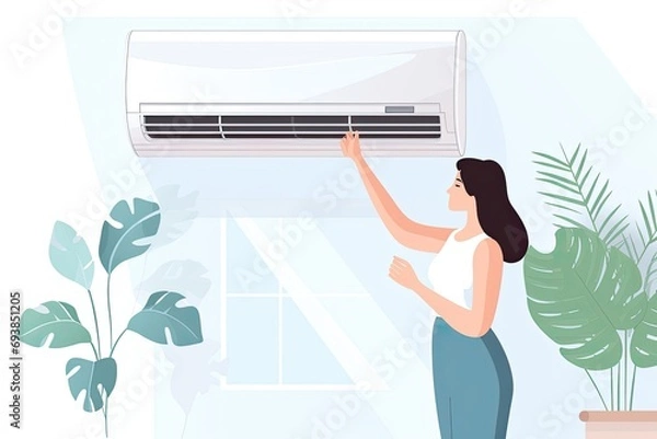 Fototapeta Young woman turning on the air conditioner while sitting on the sofa at home