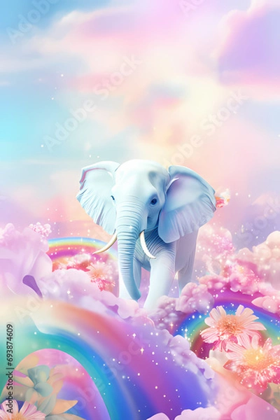 Fototapeta landscape with rainbow, elephant, white elephant, Generative AI