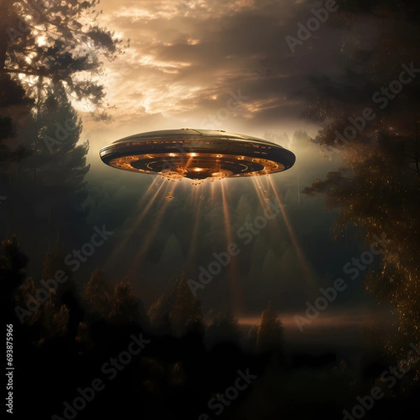 Fototapeta Alien spaceship flying over the forest