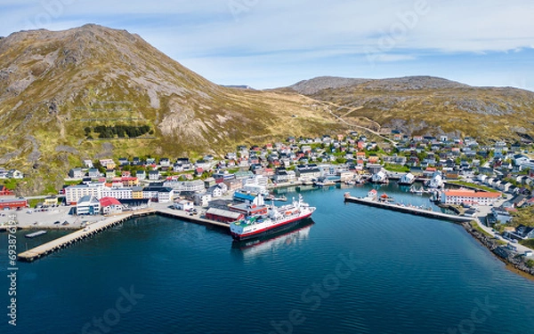 Obraz Aerial view of norwegian town Honningsvåg in polar region Finnmark as last town before the northermost point of Europe, the North Cape