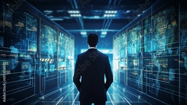 Obraz Secure data management: administrator ensuring cyber security in data center, server farm cloud computing facility with system - network protection engineering