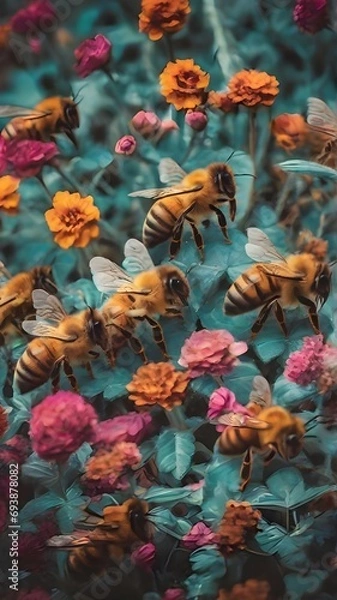 Fototapeta A bustling hive of bees, each one with their own unique pattern and color, buzzing around a field of vibrant flowers