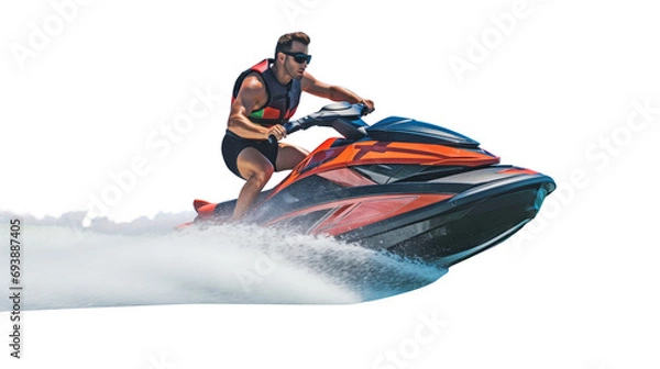 Fototapeta Man riding jet ski, side view of man standing on jet ski