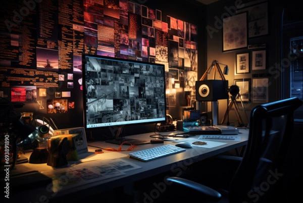 Fototapeta A film editing suite with scattered film reels and notes, symbolizing the collaborative brainstorming in the film industry. Generative Ai.