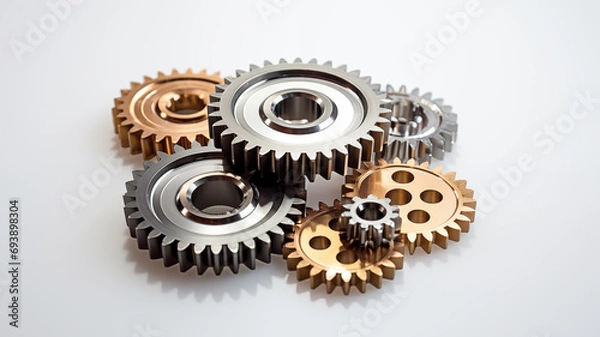 Fototapeta Metal Gears and Cogs on White Background, Perfect for Mechanical and Engineering Themes