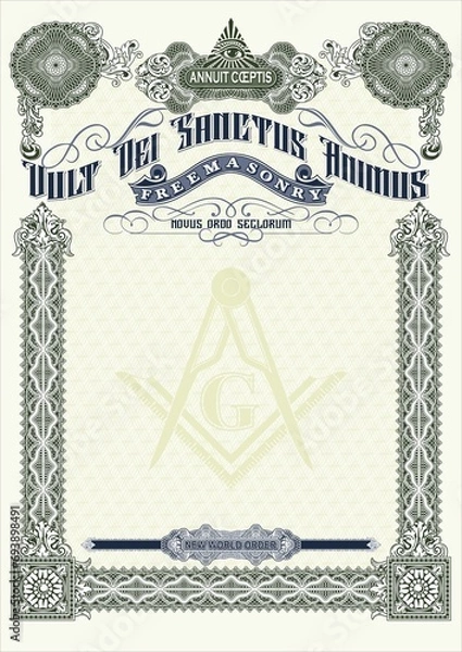 Fototapeta Vertical blank for creating a certificate, diploma, securities or other documents. Classic design with Masonic symbols in green tones. In A4 format.