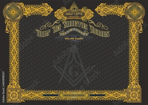 Fototapeta Horizontal blank with Masonic symbols for creating certificates, diplomas, bills and other securities. Classic design in gold tones on a black background. In A4 format.