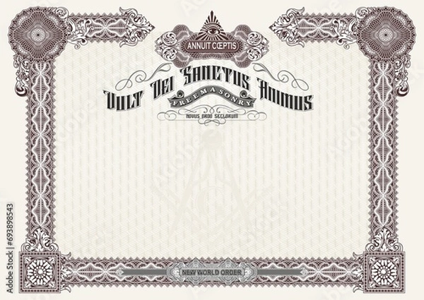 Fototapeta Horizontal blank with Masonic symbols for creating certificates, diplomas, bills and other securities. Classic design in beige tones. In A4 format.