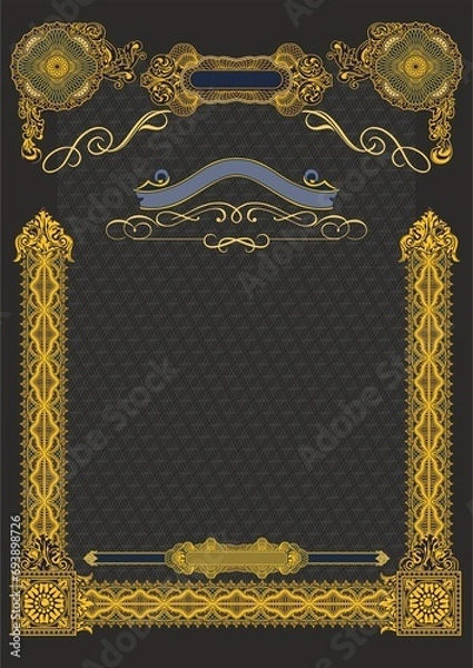 Fototapeta Vertical blank form for creating certificates, diplomas or other securities and documents. Made in a classic style with rococo elements in gold tones on a black background. A4 format.