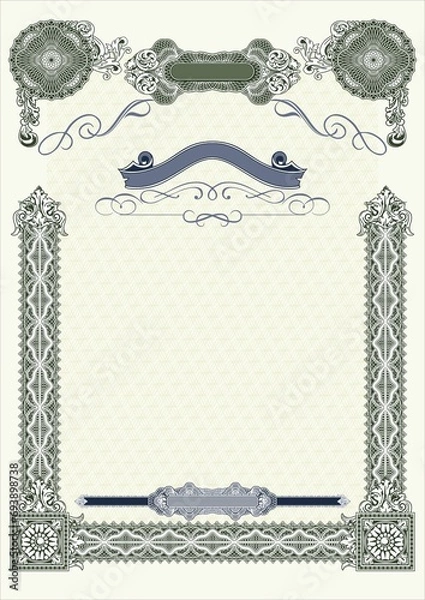 Fototapeta Vertical blank form for creating certificates, diplomas or other securities and documents. Made in a classic style with rococo elements in green tones. A4 format.