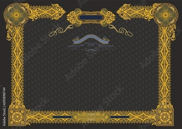 Fototapeta Horizontal form for creating certificates, diplomas, bills and other securities. Classic design in gold tones on a black background. A4 format.