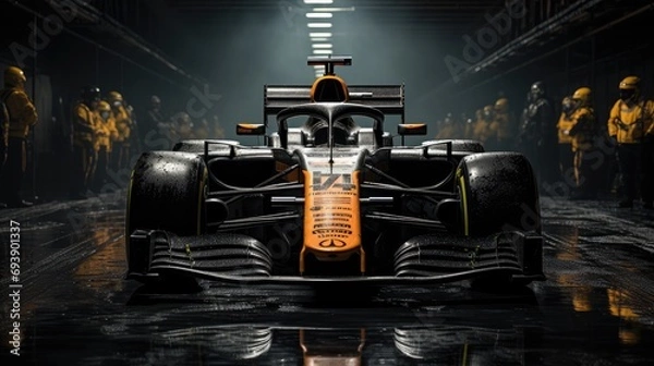 Fototapeta Front view of Formula 1 Car and The Team Mechanics.