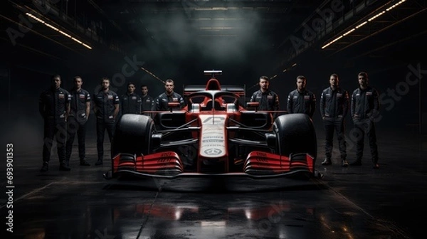 Fototapeta Widok z przodu samochodu Formuły 1 i mechaniki zespołu.