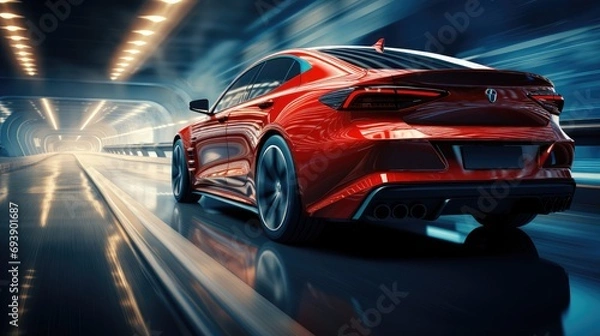 Fototapeta Rear view of metalic red car on high speed in turn