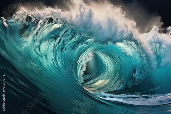 Fototapeta Cascading waves, a rhythmic dance of liquid grace, echoing the timeless heartbeat of the ocean. Concept of the perpetual ebb and flow of nature. Generative Ai.