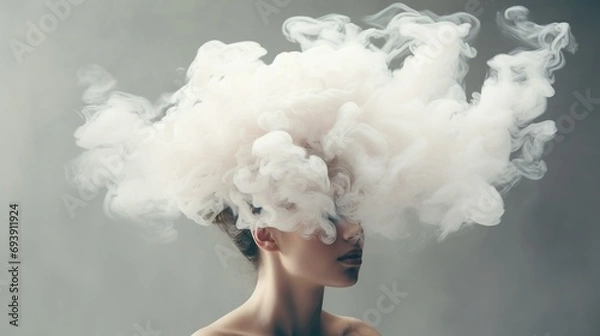 Obraz A woman with a white cloud above her head, symbolizing deep contemplation and a wandering mind amidst the misty realms of imagination.