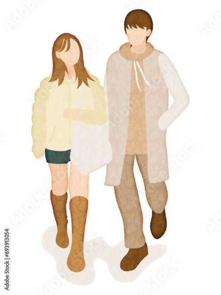 Obraz 冬の街角にいるカップル水彩風