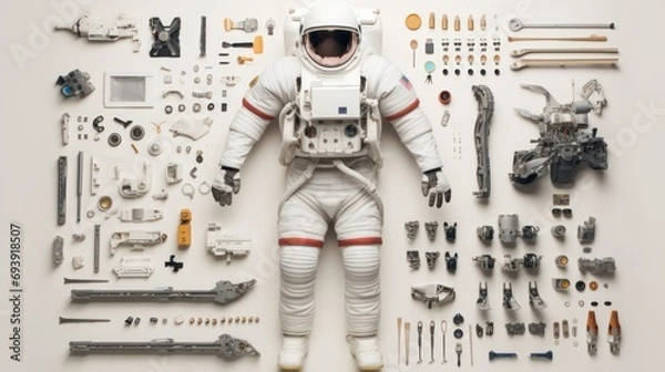 Obraz Astronaut's Equipment knolling flat lay arrangement