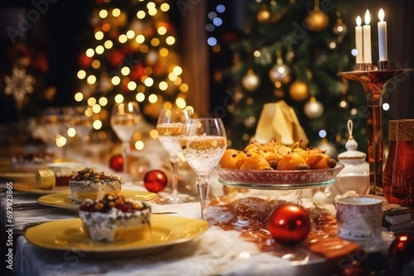 Obraz A table set for a Christmas dinner with a festive Christmas tree in the background. Perfect for holiday-themed designs and advertisements