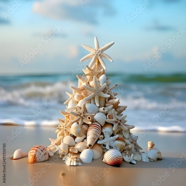 Fototapeta Small seashell christmas tree on the beach