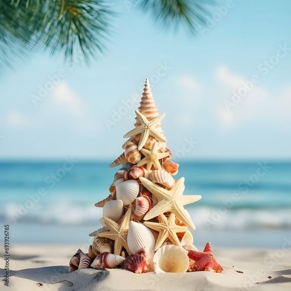Fototapeta Small seashell christmas tree on the beach