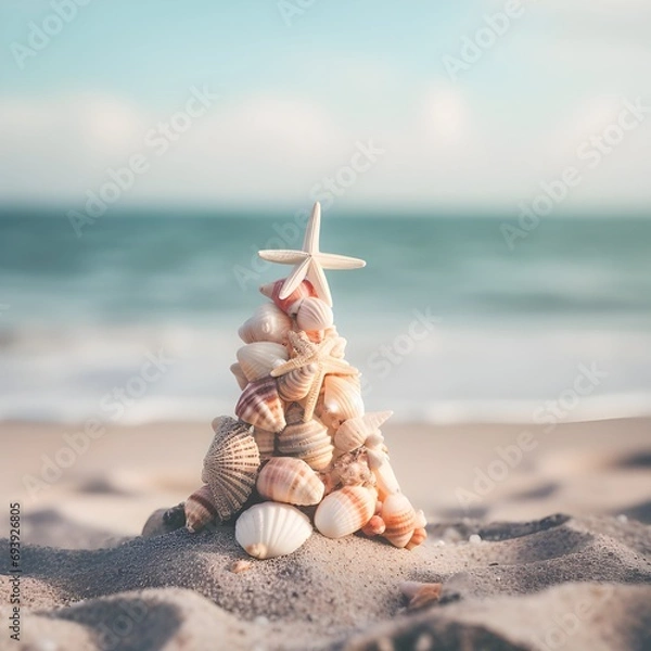 Fototapeta Small seashell christmas tree on the beach