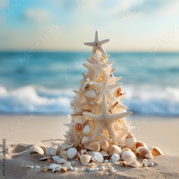 Fototapeta Small seashell christmas tree on the beach
