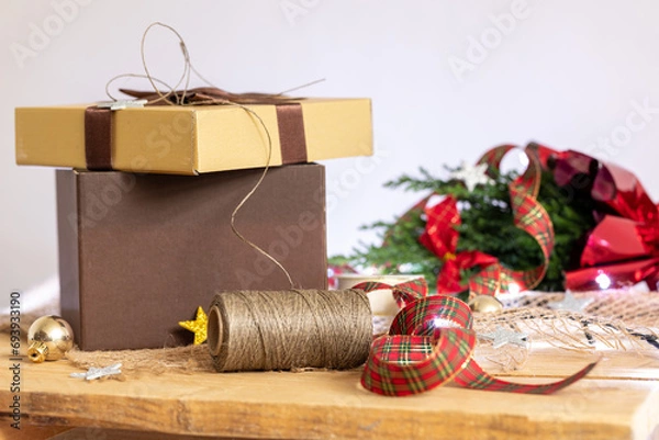 Obraz Christmas, wrapping gifts, colorful, shiny ribbons