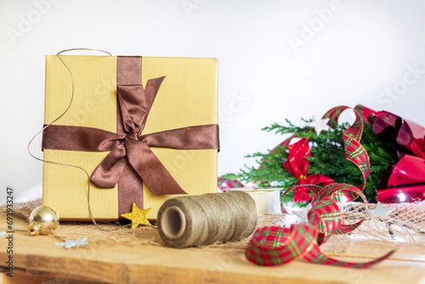 Obraz Christmas, wrapping gifts, colorful, shiny ribbons