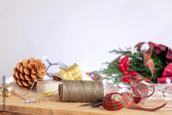 Obraz Christmas, wrapping gifts, colorful, shiny ribbons