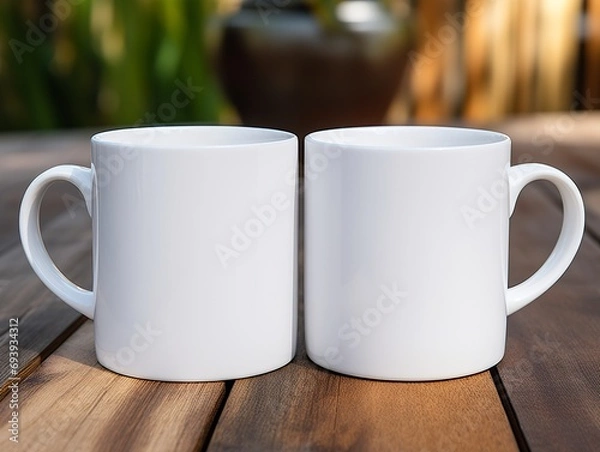 Obraz Two white cups for mockup graphic art. Cups arranged side by side for product presentation or logo mockup.
