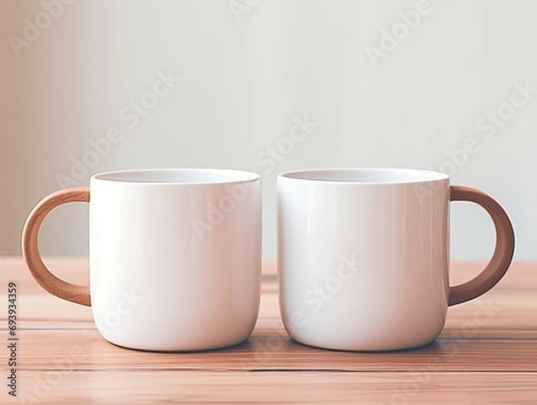 Obraz Two white cups for mockup graphic art. Cups arranged side by side for product presentation or logo mockup.