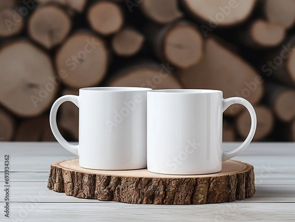 Fototapeta Two white cups for mockup graphic art. Cups arranged side by side for product presentation or logo mockup.