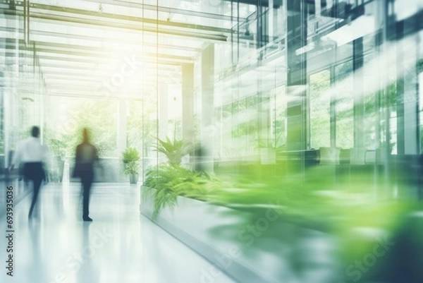 Obraz Blurred background business people walking in the hall of modern glass office, business center, shopping center, bank. Business concept, modern interior with living green plants. Eco style