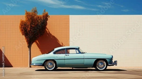 Fototapeta Amidst a vast open sky, a classic convertible car rests against a brick wall, its wheels a symbol of freedom and the journey ahead