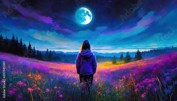 Fototapeta Tranquil Night Silhouette: Ambient Vibes with Hoodie-Girl or Boy facing away, Gazing at Starlit Sky Contemplating Cosmic Beauty