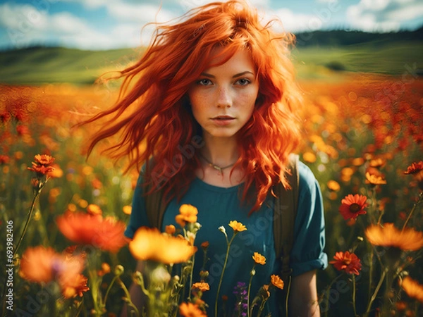 Fototapeta A Portrait of a Red-haired Maiden Amidst Red and Yellow Blooms