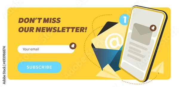 Fototapeta Newsletter subscription form. Vector illustration for online marketing and business. Smartphone with envelope and flying paper plane. Template for mailing and newsletter.