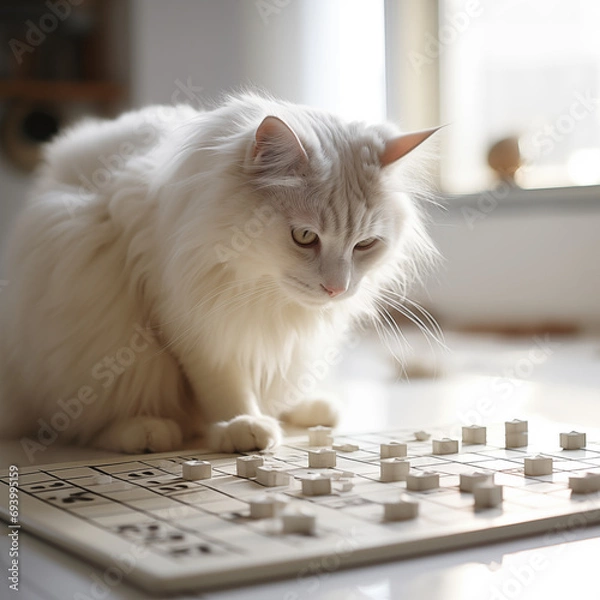Fototapeta white cat sitting on the floor with his toy, brain game for cats, cat playing a smart game