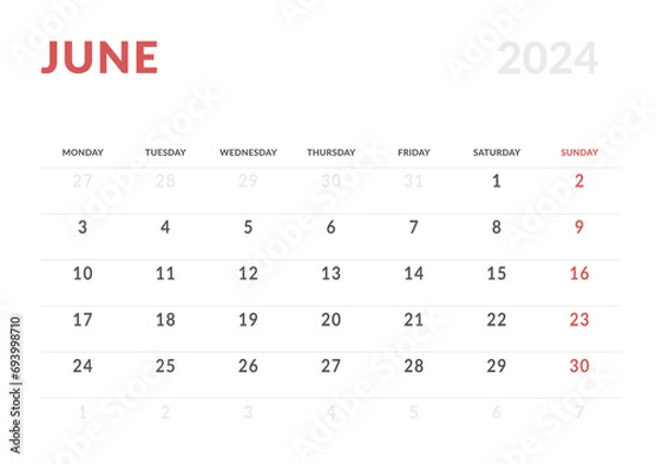 Fototapeta Monthly page Calendar Planner Templates of June 2024. Vector layout of simple calendar with week start Monday for print. Page for size A4 or 21x29.7 cm