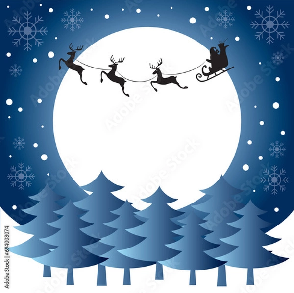 Fototapeta Christmas and new year reindeer with santa claus. Christmas tree and moon background. Vector illustration.