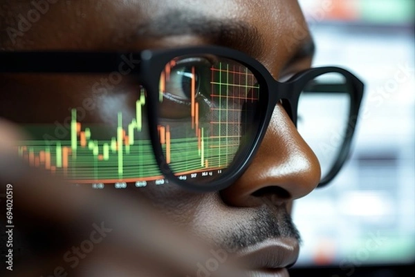 Fototapeta Business man trader broker analyst investor analyzing stock exchange trade crypto financial market looking at computer screen wearing glasses with stockmarket digital chart reflection, close up